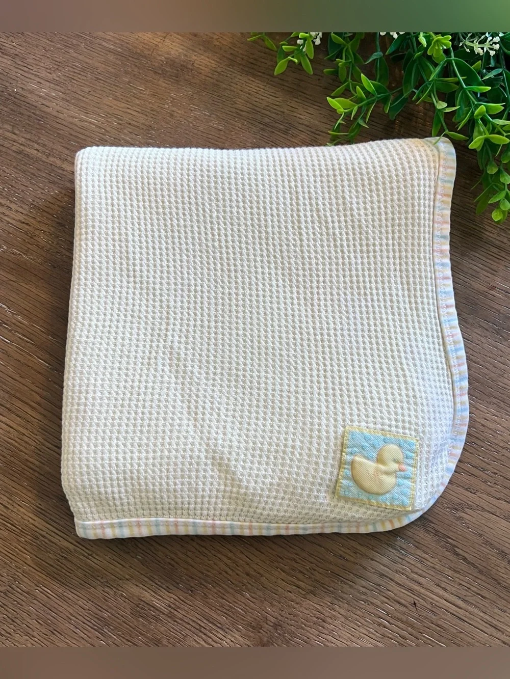 Vintage Tykes by Carter's Yellow Thermal Duck Patch Stripe Trim Baby Blanket